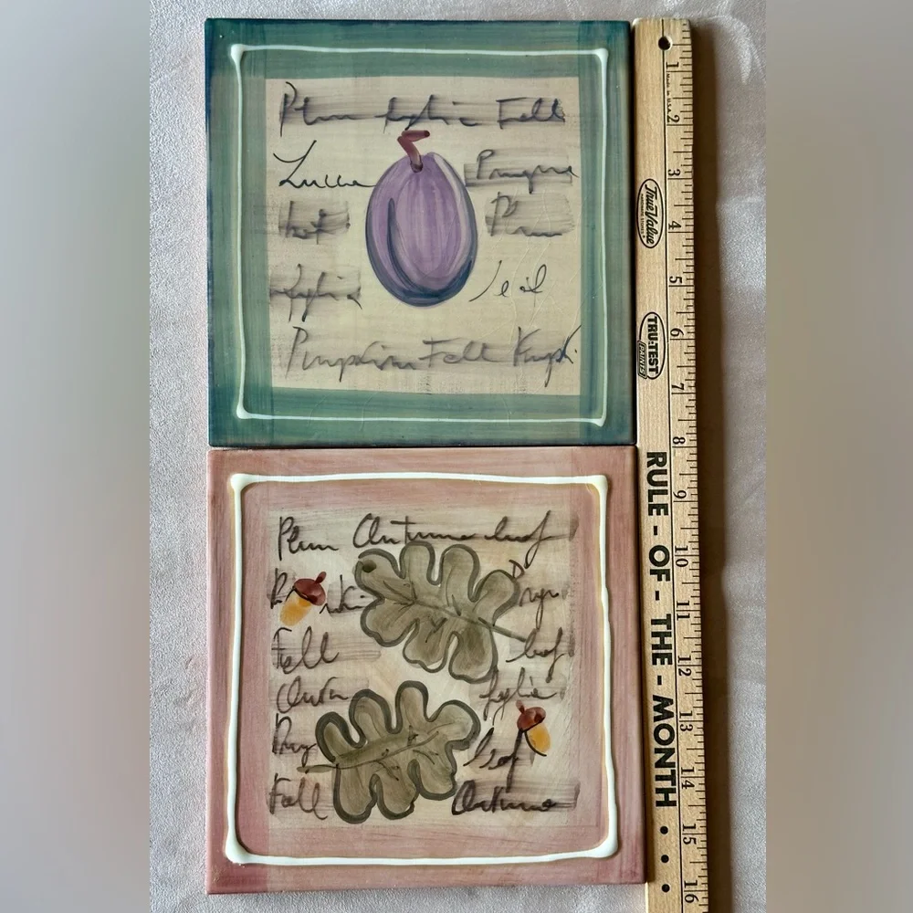 Crate & Barrel Set (2) Tile Trivets Hand Painted Made in Italy EUC Leaves Plum